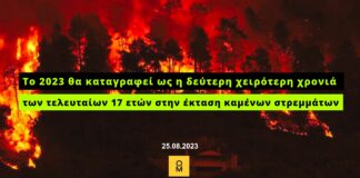 Το 2023 θα καταγραφεί ως η δεύτερη χειρότερη χρονιά των τελευταίων 17 ετών στην έκταση καμένων στρεμμάτων